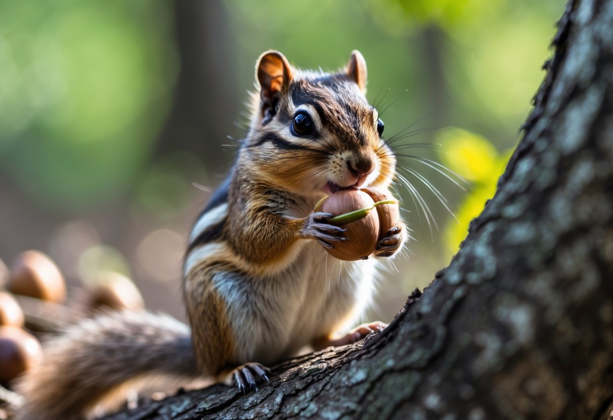 A chipmunk with its cheeks full of acorns sitting outdoors in a forest.