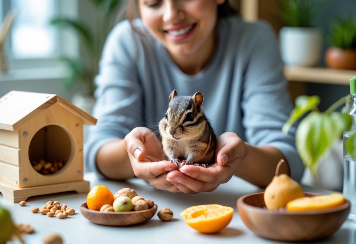 A person gently holding a calm chipmunk in a cozy home environment with pet care items nearby.