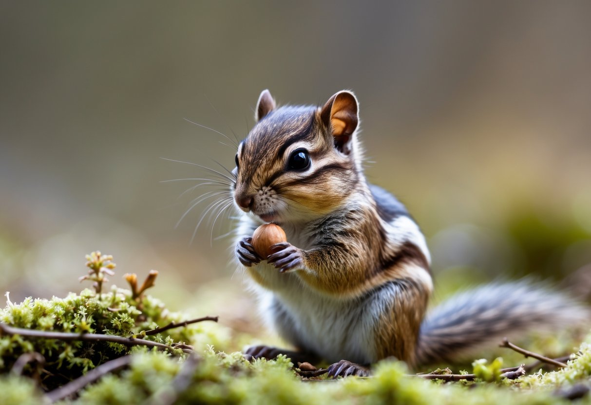 A baby chipmunk sitting on mossy ground holding a small nut, looking curiously ahead.