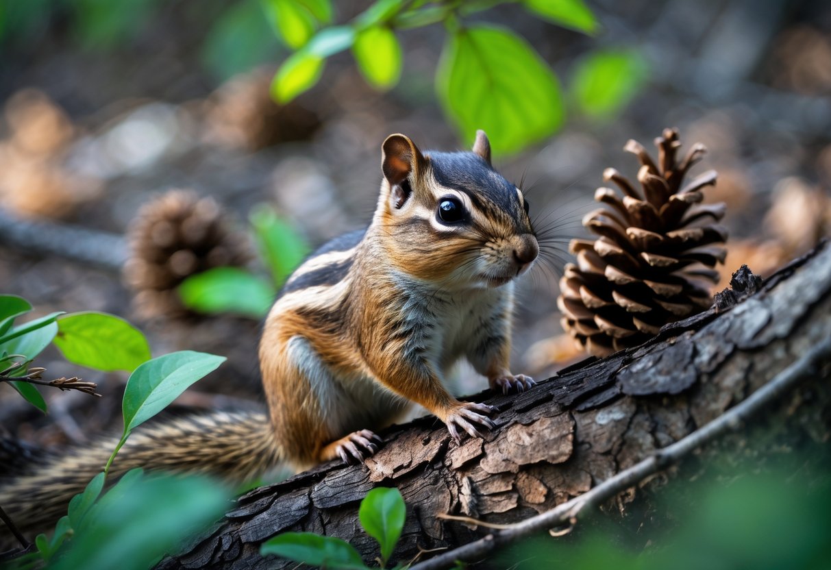 A chipmunk sitting on a tree branch surrounded by green leaves in a forest.