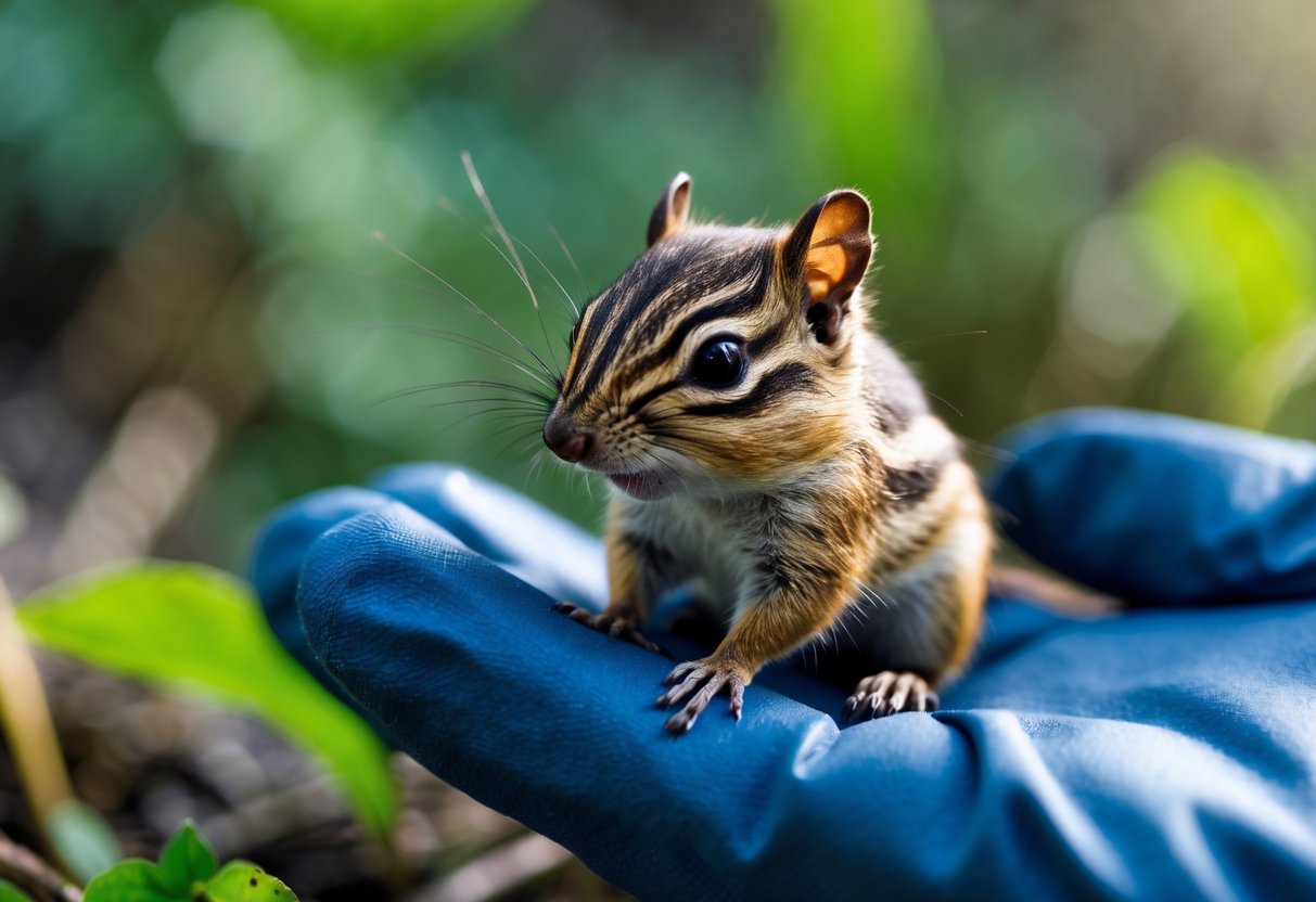 A baby chipmunk sitting calmly on a person's gloved hand outdoors surrounded by green leaves.