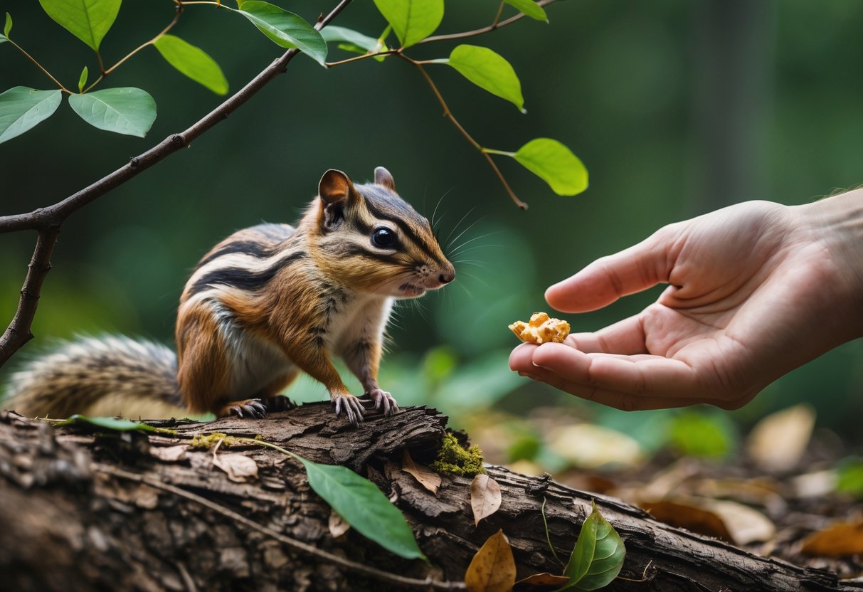 A chipmunk sitting on a tree branch in a forest with a human hand offering food nearby, the chipmunk looks cautious.