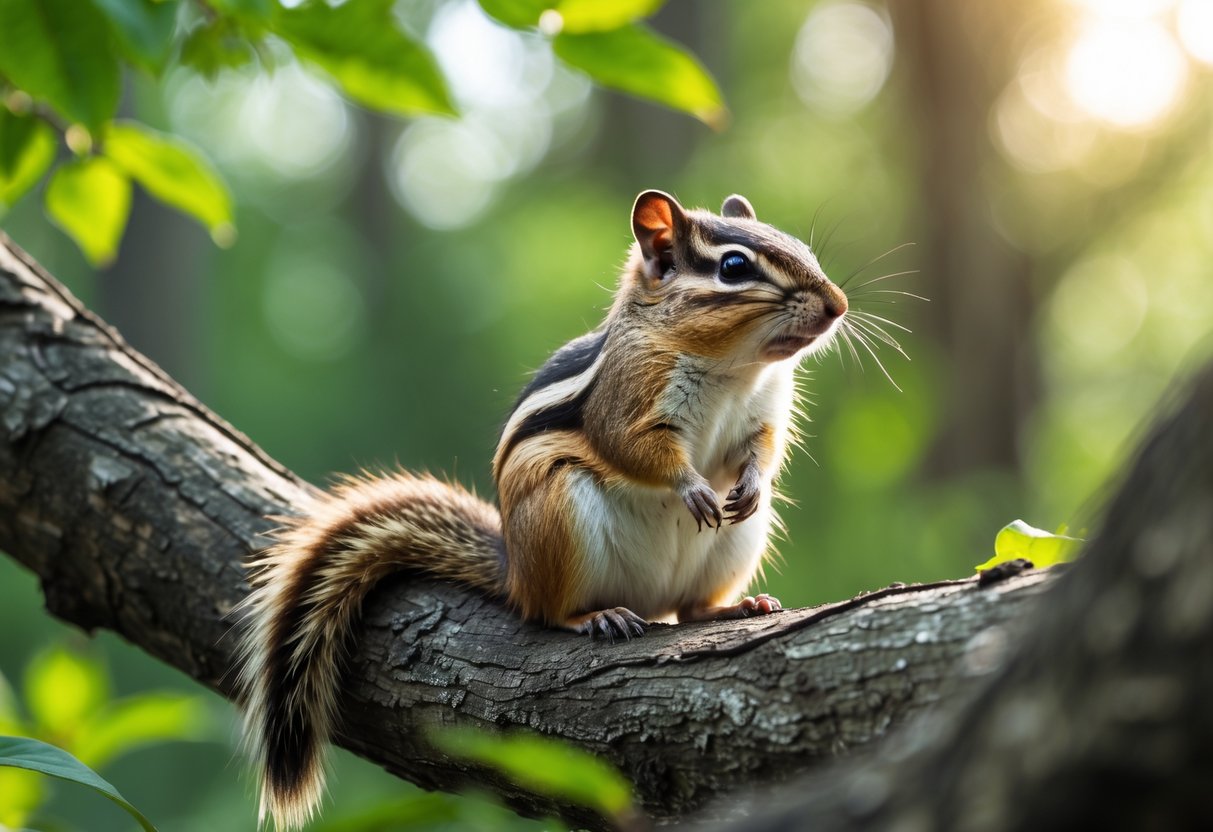 A chipmunk sitting on a tree branch in a forest with green leaves and sunlight.