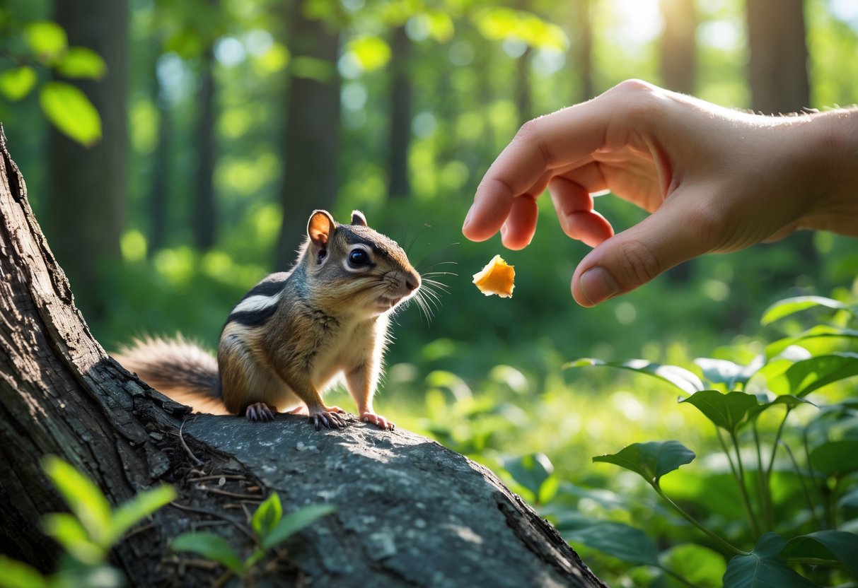 A chipmunk in a forest looks at a human hand offering food, surrounded by green trees and sunlight.