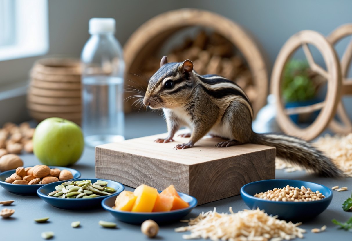 A chipmunk sitting on a wooden platform surrounded by bowls of nuts, seeds, fruits, and vegetables inside a clean, well-lit pet habitat with natural wood shavings and a small exercise wheel.