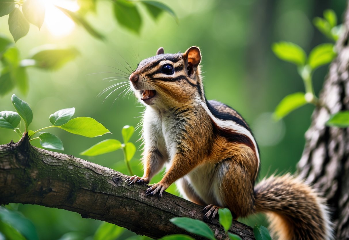 A chipmunk sitting on a tree branch in a forest, with its mouth open as if chirping.