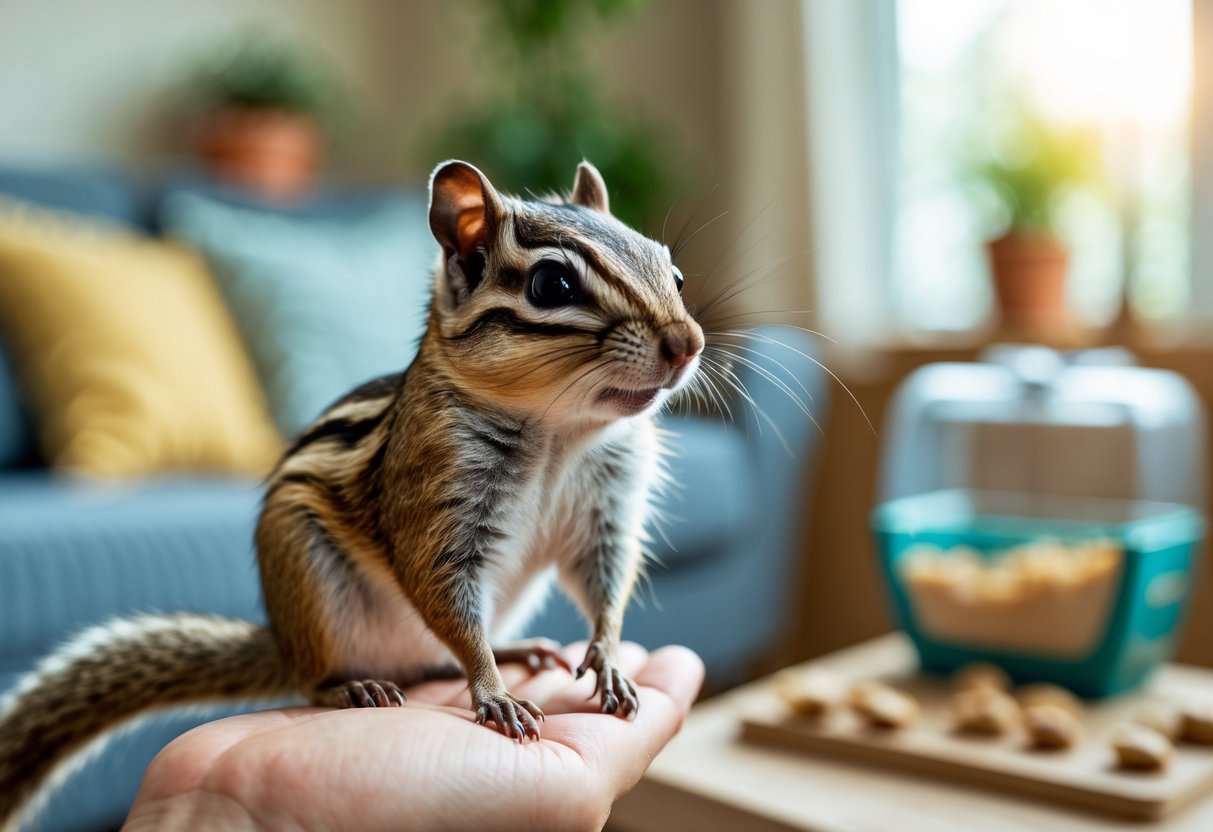 A chipmunk sitting on a person's hand inside a cozy living room with a small pet habitat nearby.