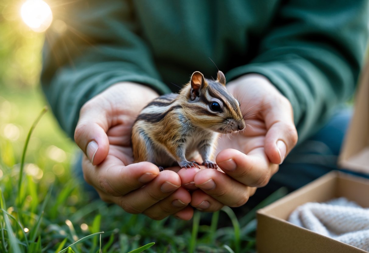 A person gently holding a small chipmunk outdoors with green trees in the background.