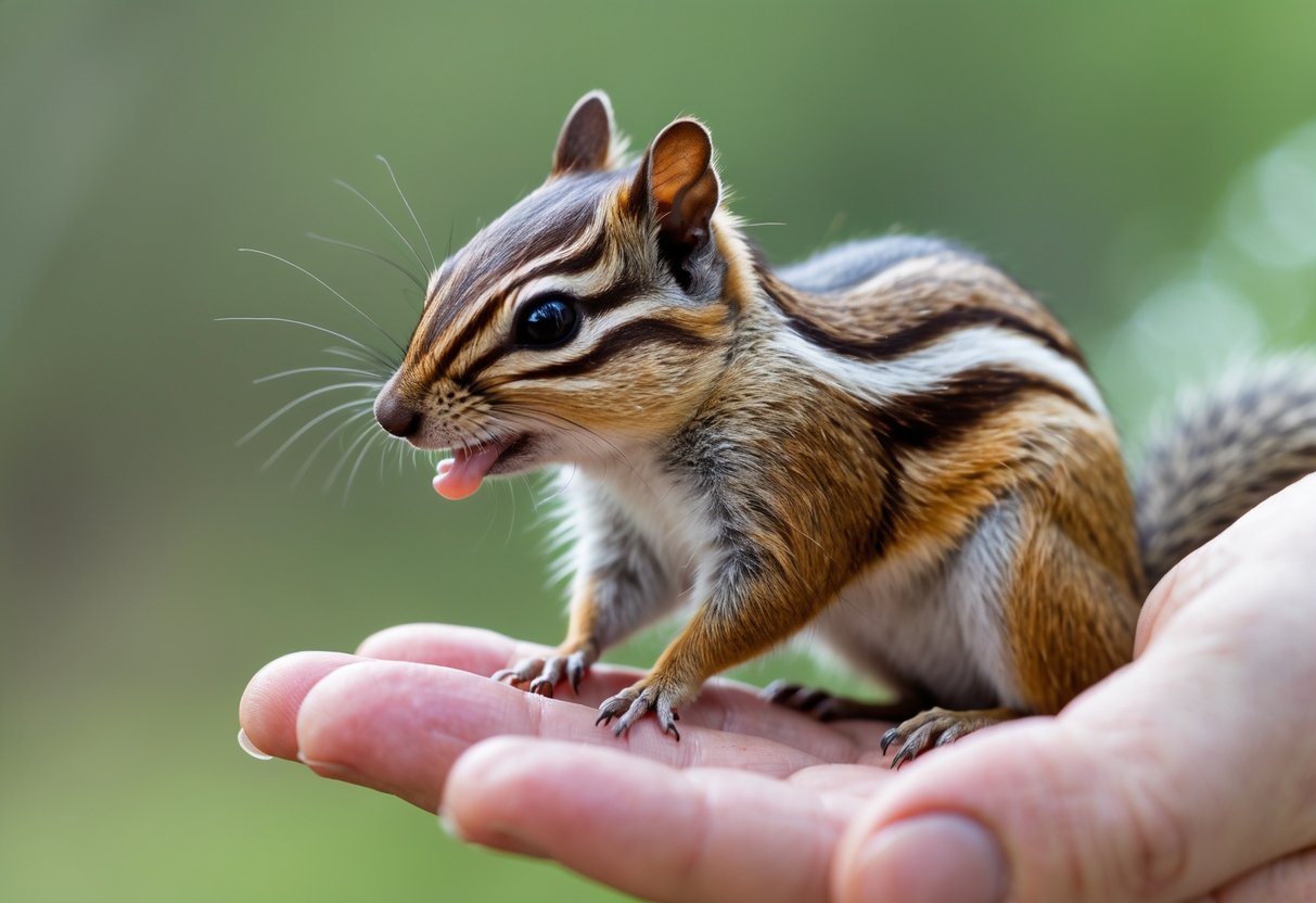 A chipmunk gently nibbling on a person's finger outdoors with a blurred green background.