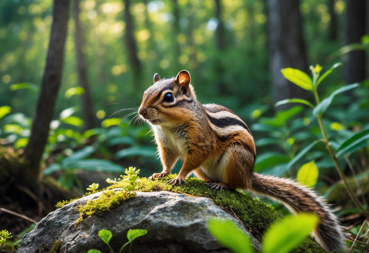 A chipmunk sitting on a mossy rock in a green forest with sunlight filtering through the trees.