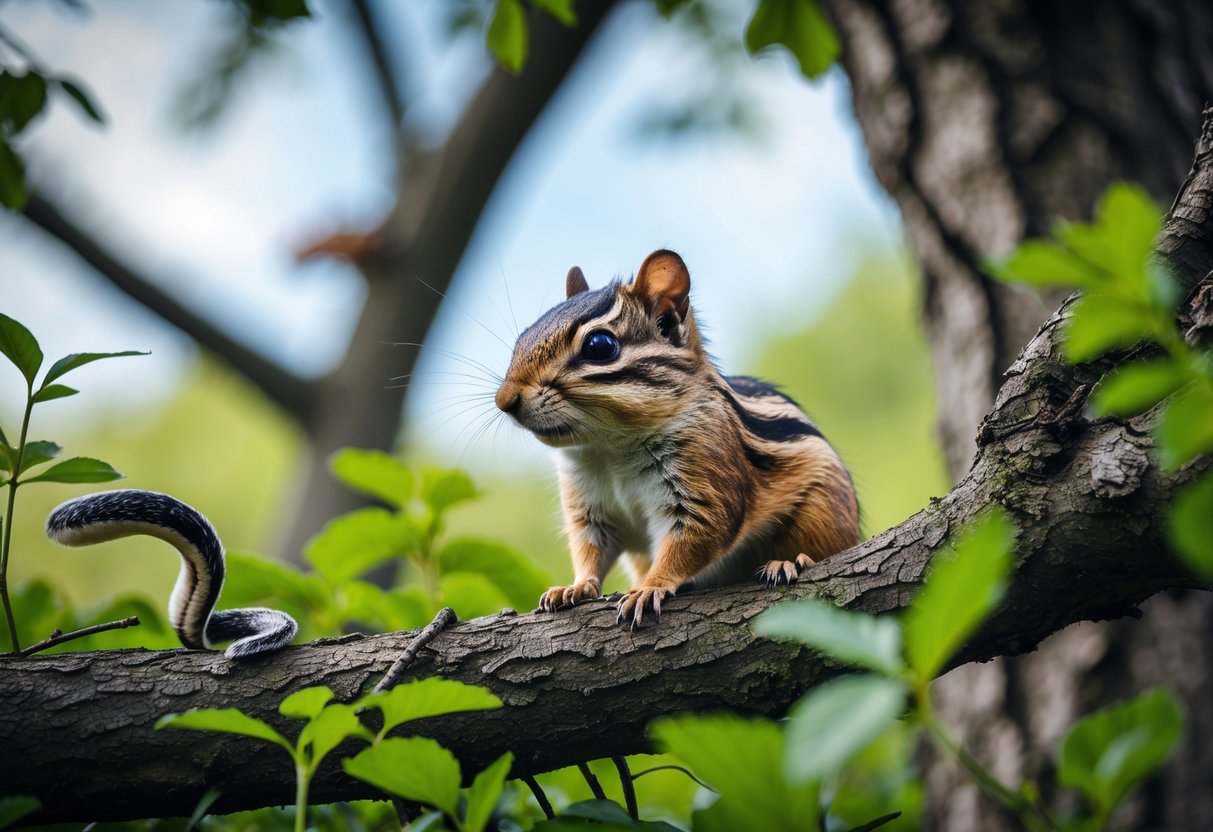 A chipmunk sitting on a tree branch with a hawk flying above, a snake near a tree base, and a cat hiding behind bushes in the background.