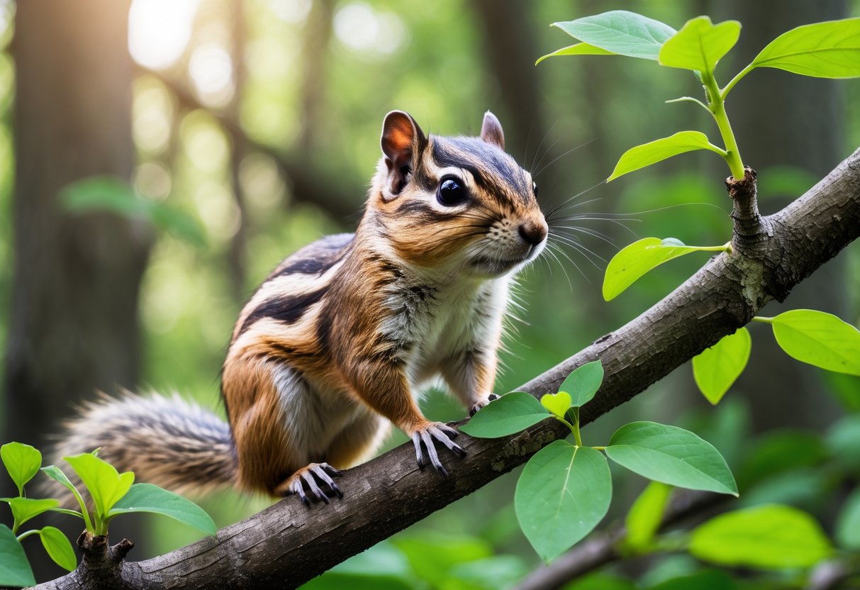 A chipmunk sitting on a tree branch in a green forest with sunlight filtering through the leaves.