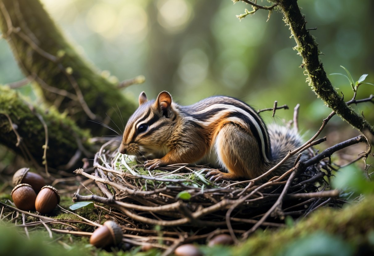 A chipmunk curled up and sleeping peacefully in a natural nest in the forest.