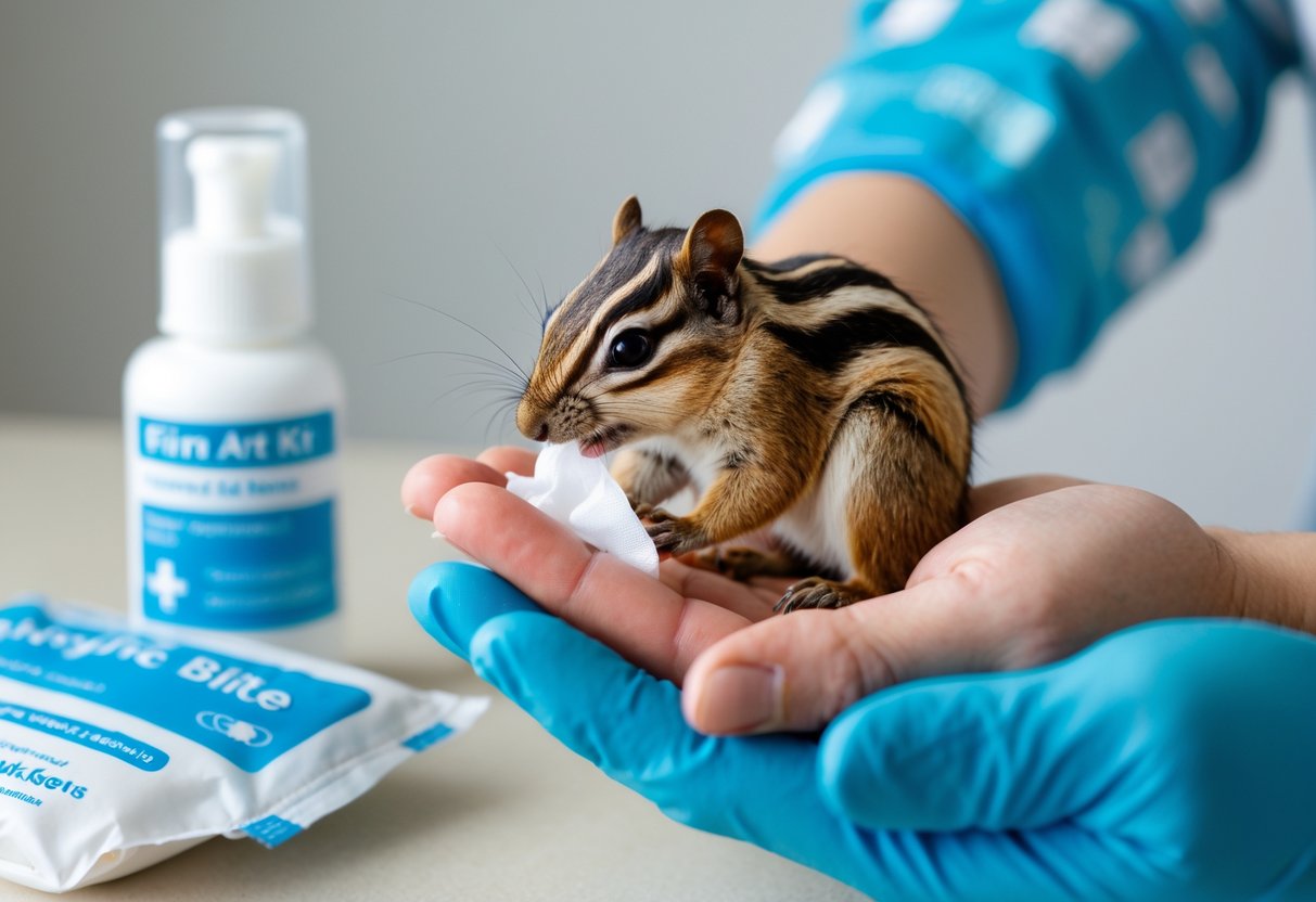 A person cleaning a chipmunk bite on their hand with an antiseptic wipe, a small chipmunk held gently nearby, and a first aid kit visible in the background.