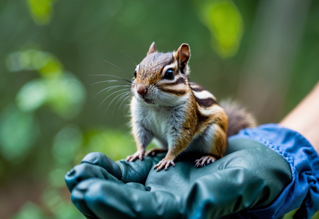A chipmunk sitting on a person's gloved hand in a forested area.