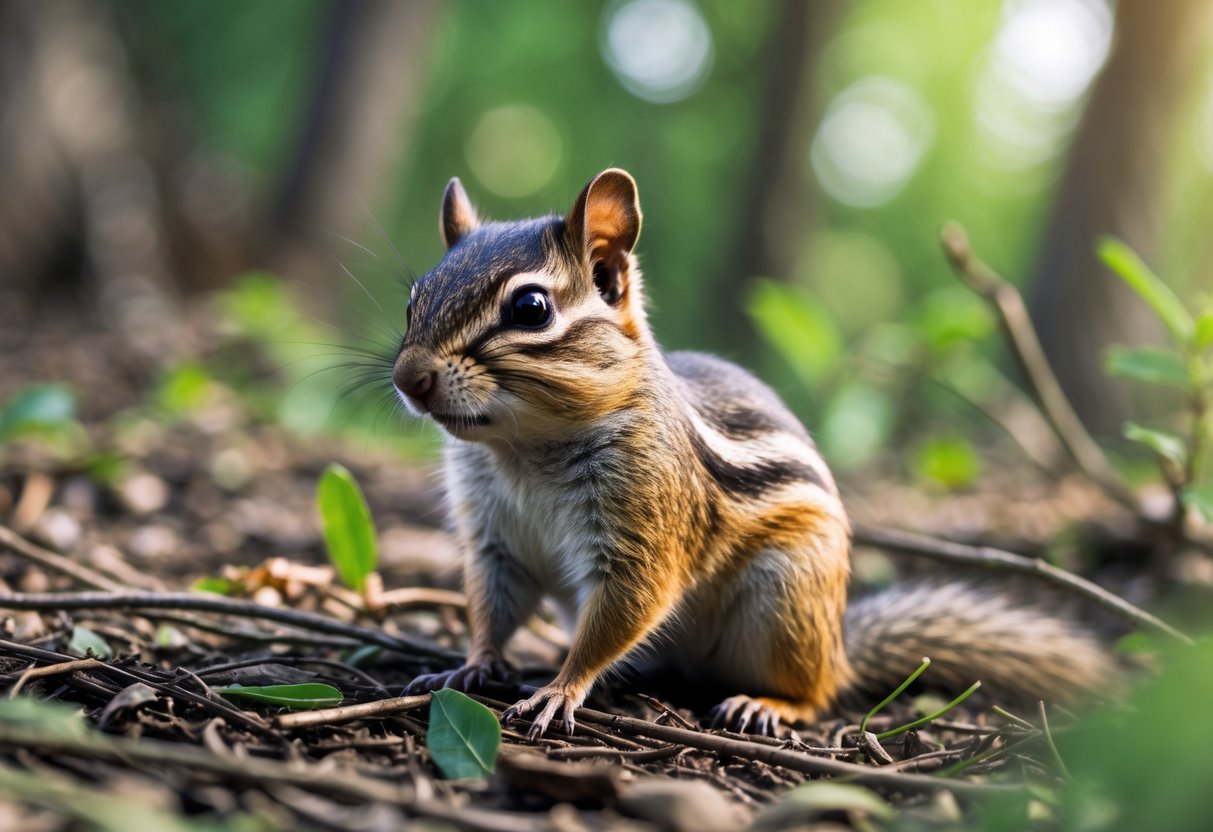 A close-up of a chipmunk sitting on the forest floor surrounded by leaves and greenery.