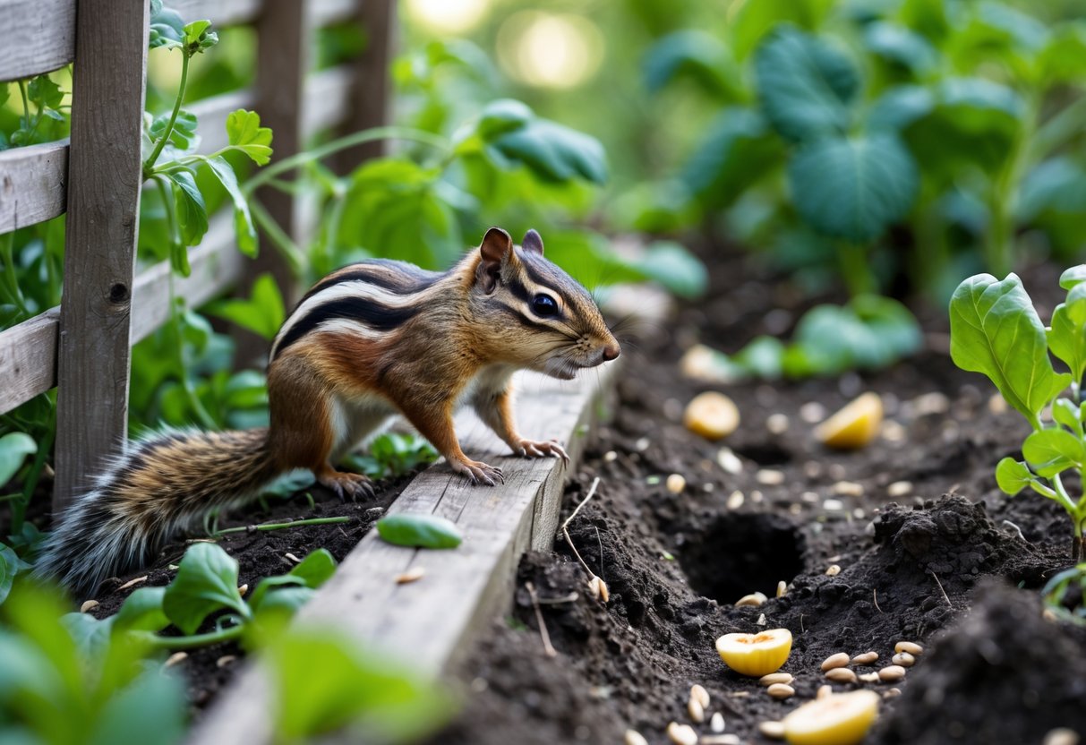 A chipmunk on a wooden garden fence near a vegetable garden with nibbled leaves, chewed stems, and scattered seeds showing signs of damage.