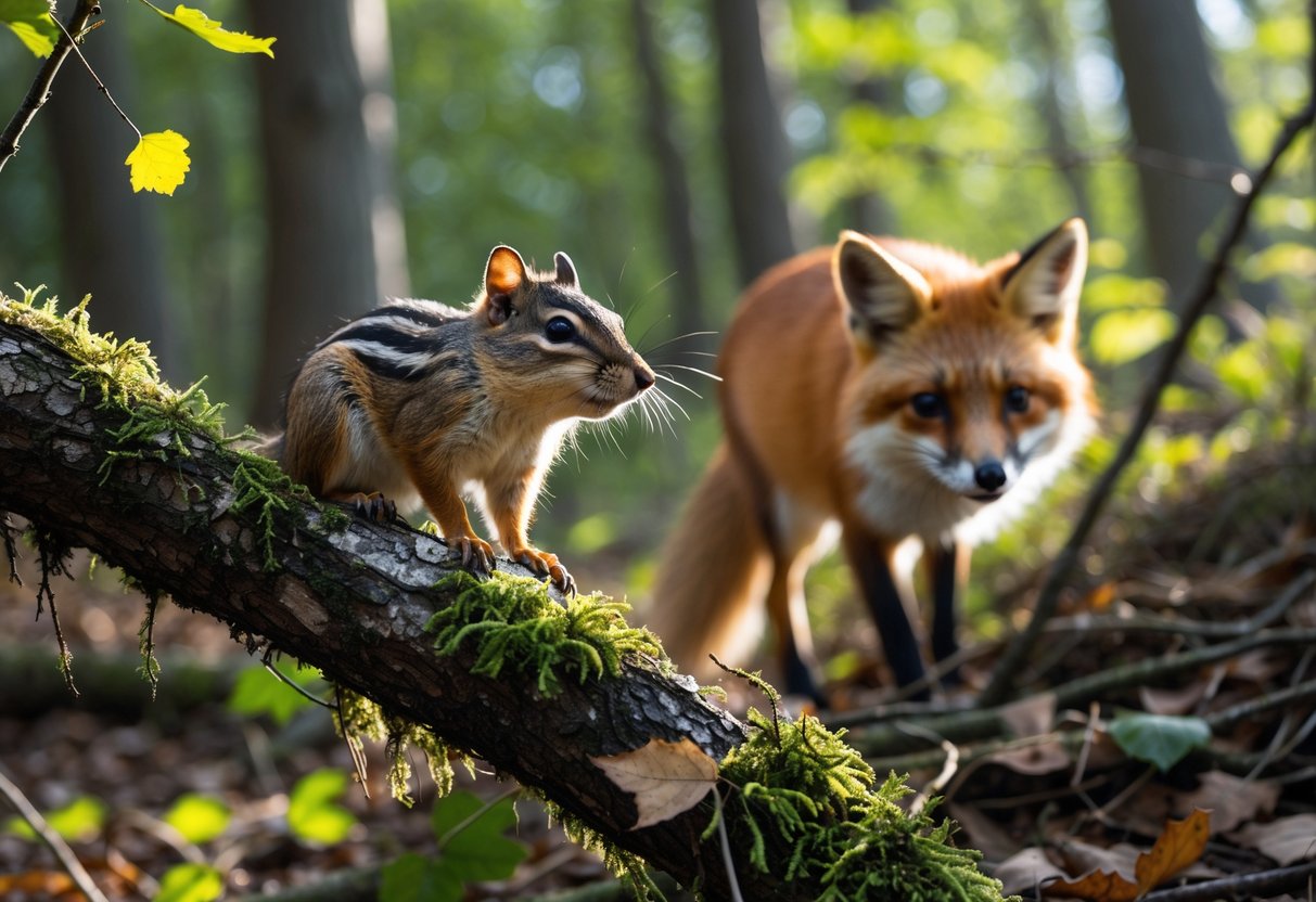 A chipmunk on a tree branch watches a red fox approaching through the forest underbrush.