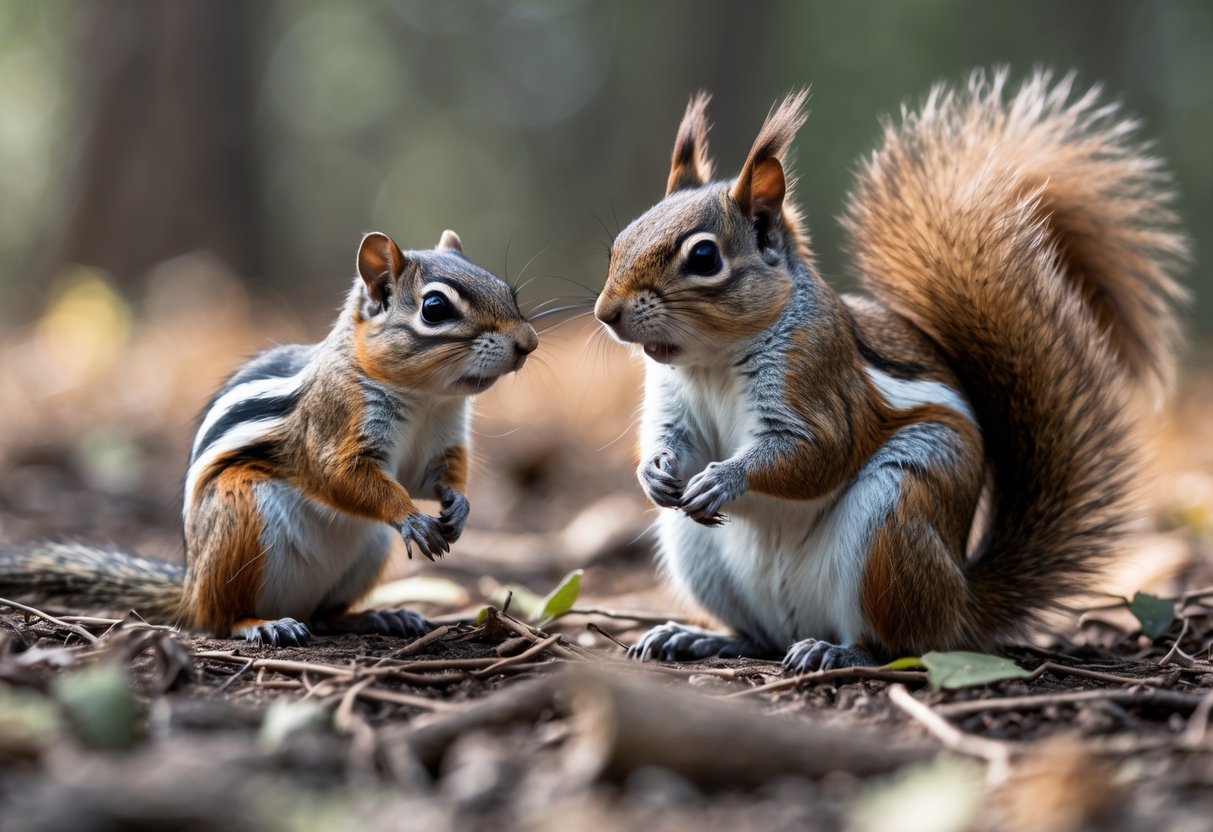 A chipmunk and a squirrel sitting side by side on a forest floor covered with leaves.