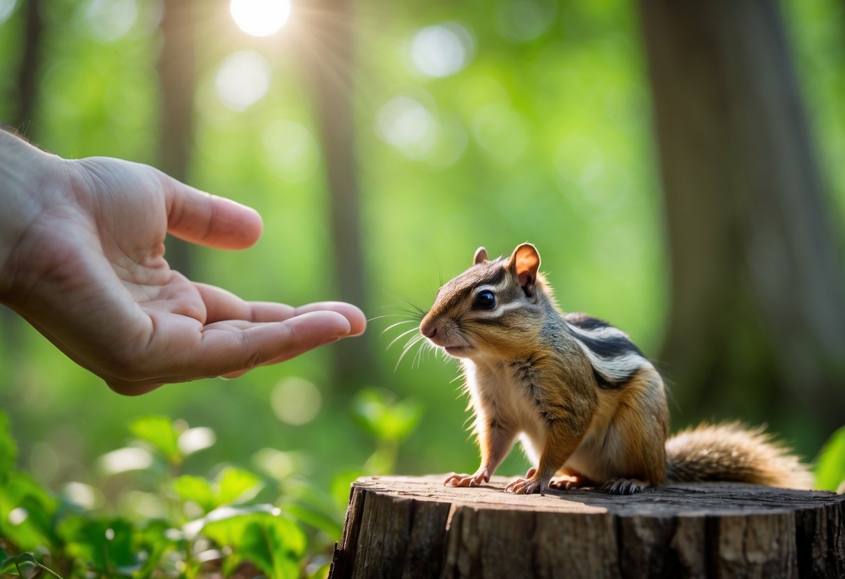 A person reaching out their hand towards a chipmunk sitting on a tree stump in a forest clearing.