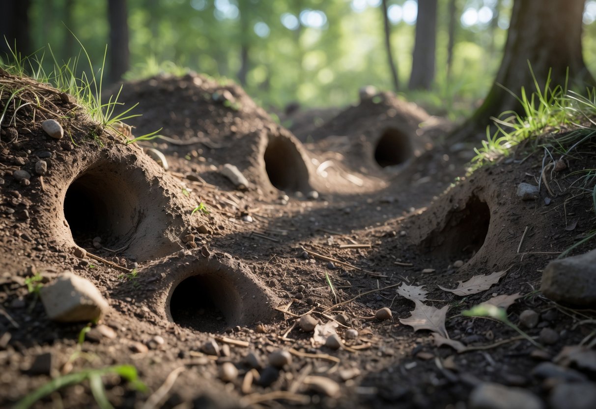 Close-up view of chipmunk holes in a forest floor with soil, leaves, and grass around them.