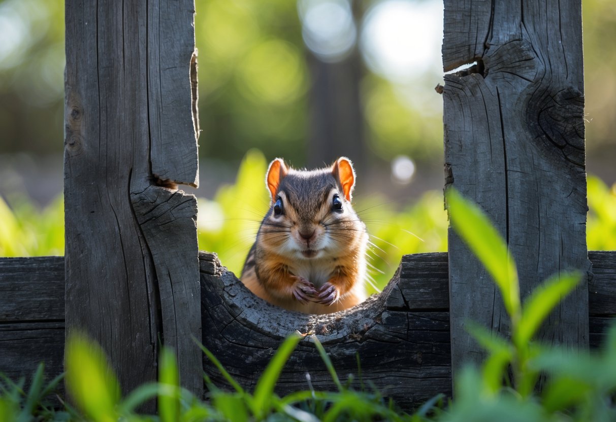 A chipmunk squeezing through a small hole in a wooden fence outdoors.