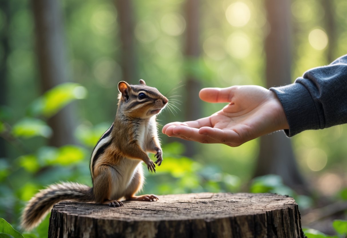 A person reaching out their hand towards a small chipmunk sitting on a tree stump in a forest.