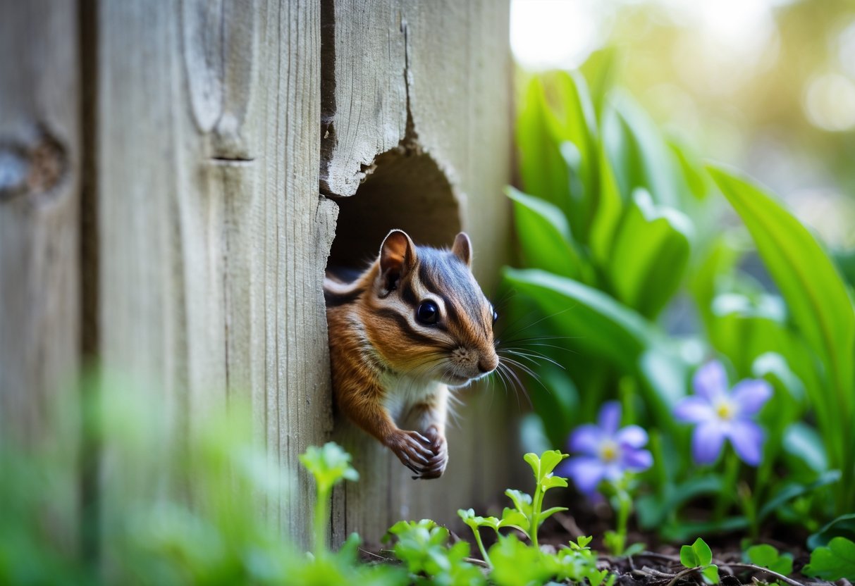 A chipmunk peeking through a small hole in a wooden fence in a garden with green plants around.