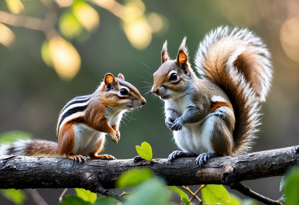 A chipmunk and a squirrel sitting side by side on a tree branch in a forest.