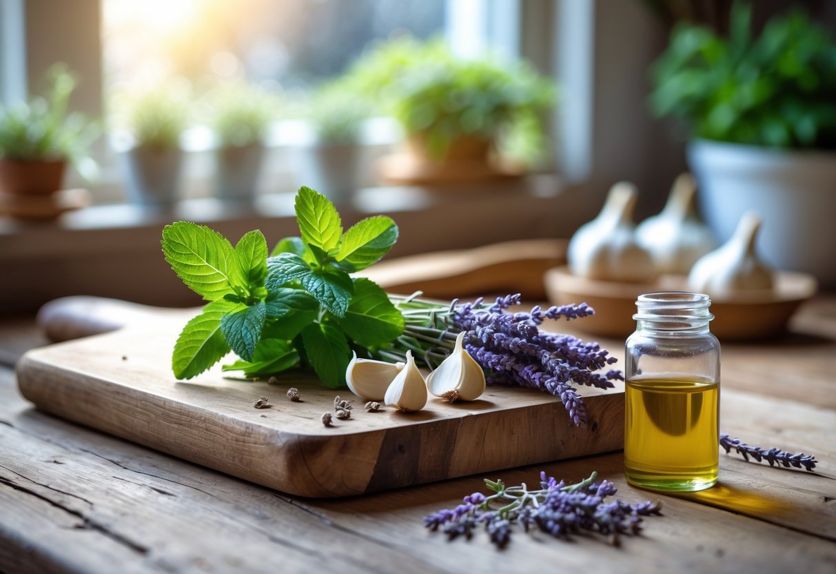 Fresh peppermint leaves, garlic cloves, lavender, and a small jar of essential oil arranged on a wooden cutting board in a kitchen.