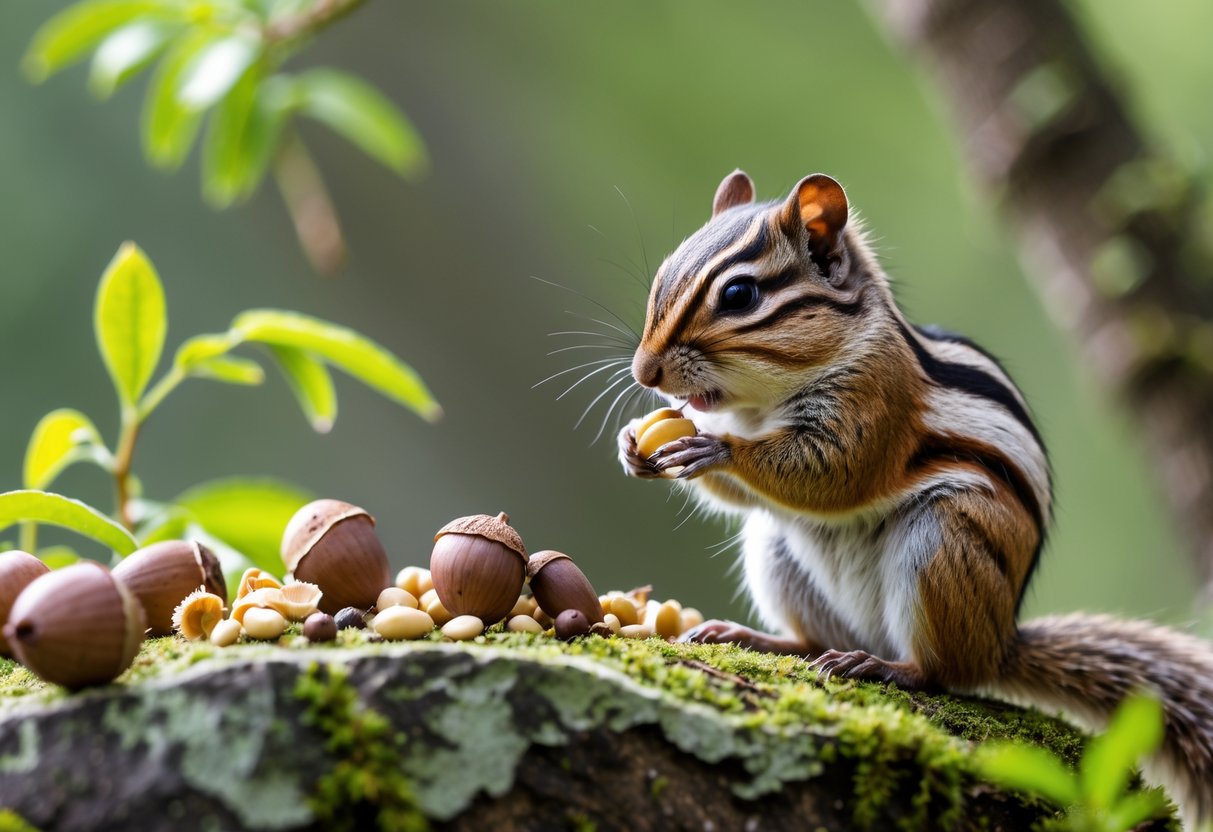 A chipmunk holding and eating a nut in a forest setting surrounded by acorns and berries.