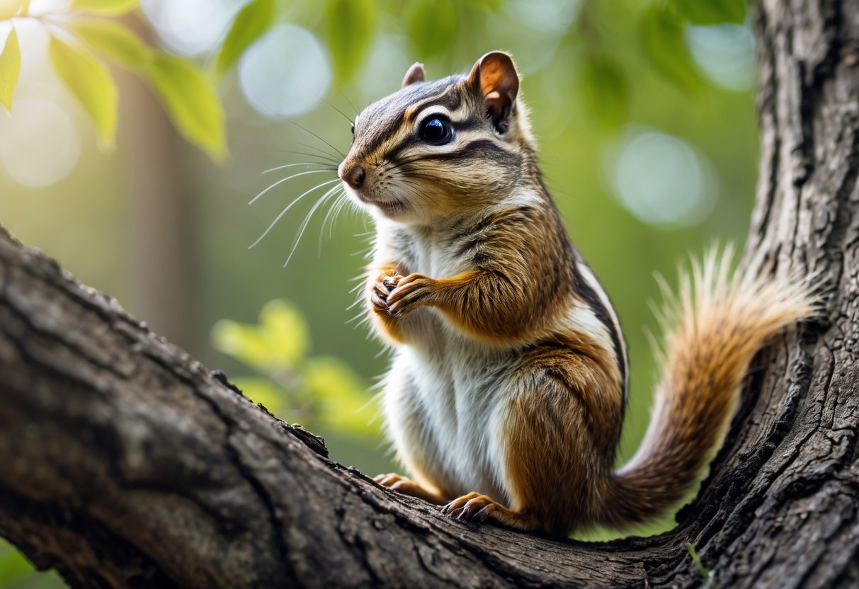 A chipmunk sitting upright on a tree branch in a forest, looking curious with its small hands near its chest.