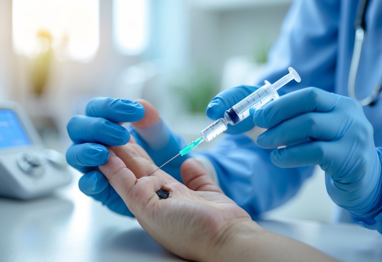 A healthcare professional holding a person's hand with a small bite mark, preparing a syringe in a clinic setting.