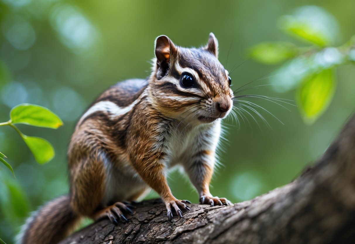 A chipmunk sitting on a tree branch in a forest, looking directly at the camera.