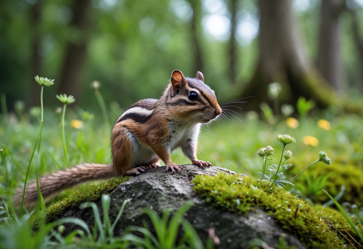 A chipmunk sitting on a mossy rock surrounded by green grass and wildflowers in a forested area.