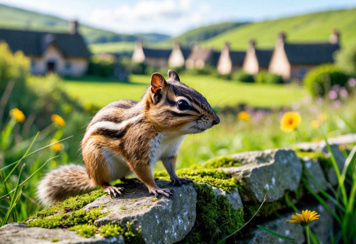 A chipmunk sitting on a mossy stone wall in an English countryside with green grass, wildflowers, and a village in the background.