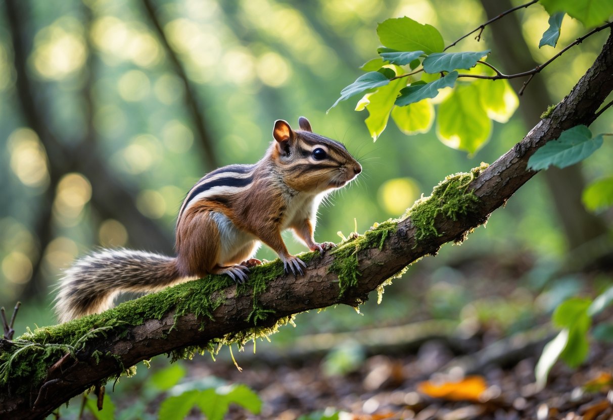 A chipmunk sitting on a mossy tree branch in a green English woodland.