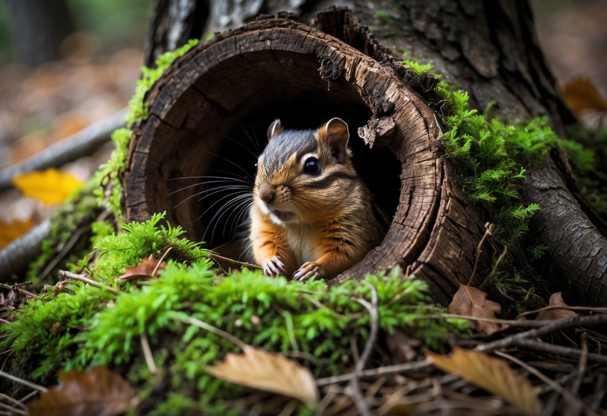 A chipmunk resting inside a hollow tree trunk surrounded by moss and fallen leaves.