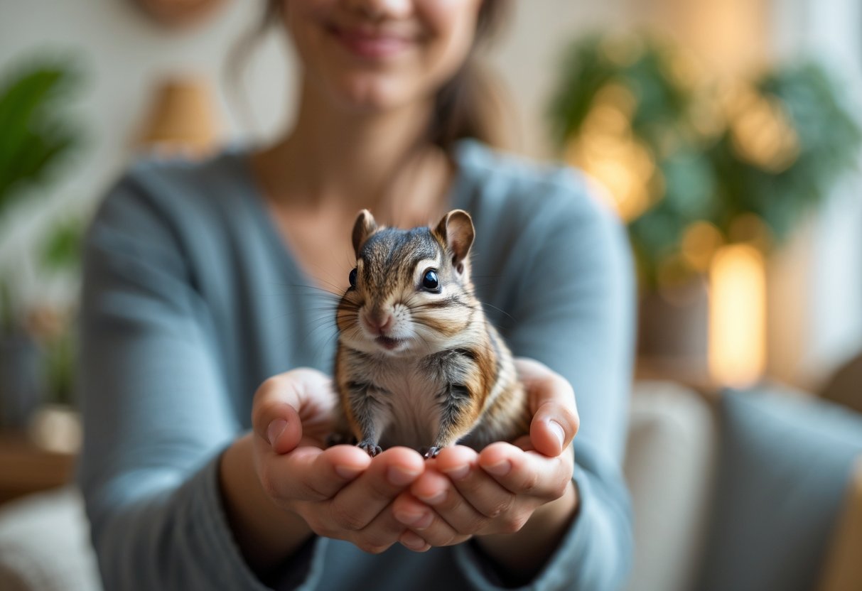 A person gently holding a small pet chipmunk indoors, with a warm and cozy living room background.