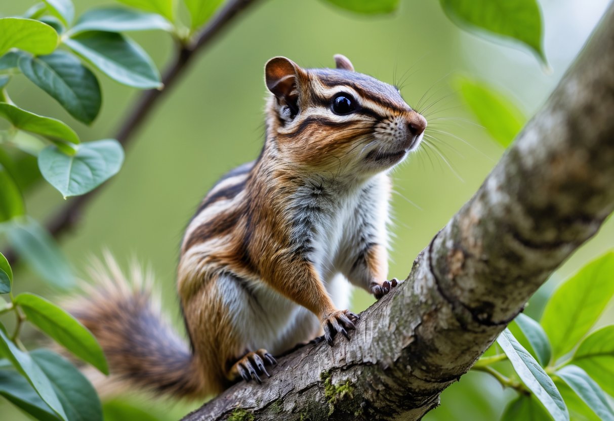 A chipmunk sitting on a tree branch surrounded by green leaves.