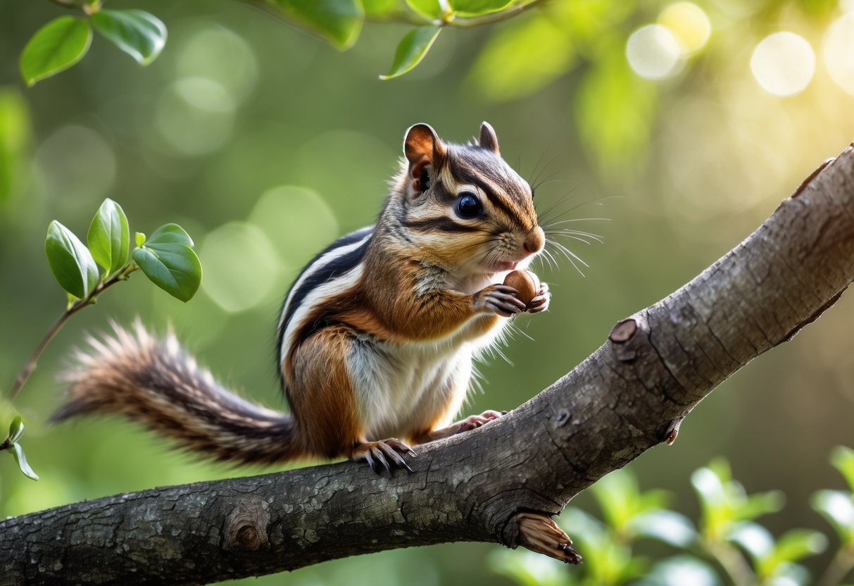 A chipmunk sitting on a tree branch holding a nut in a forest.