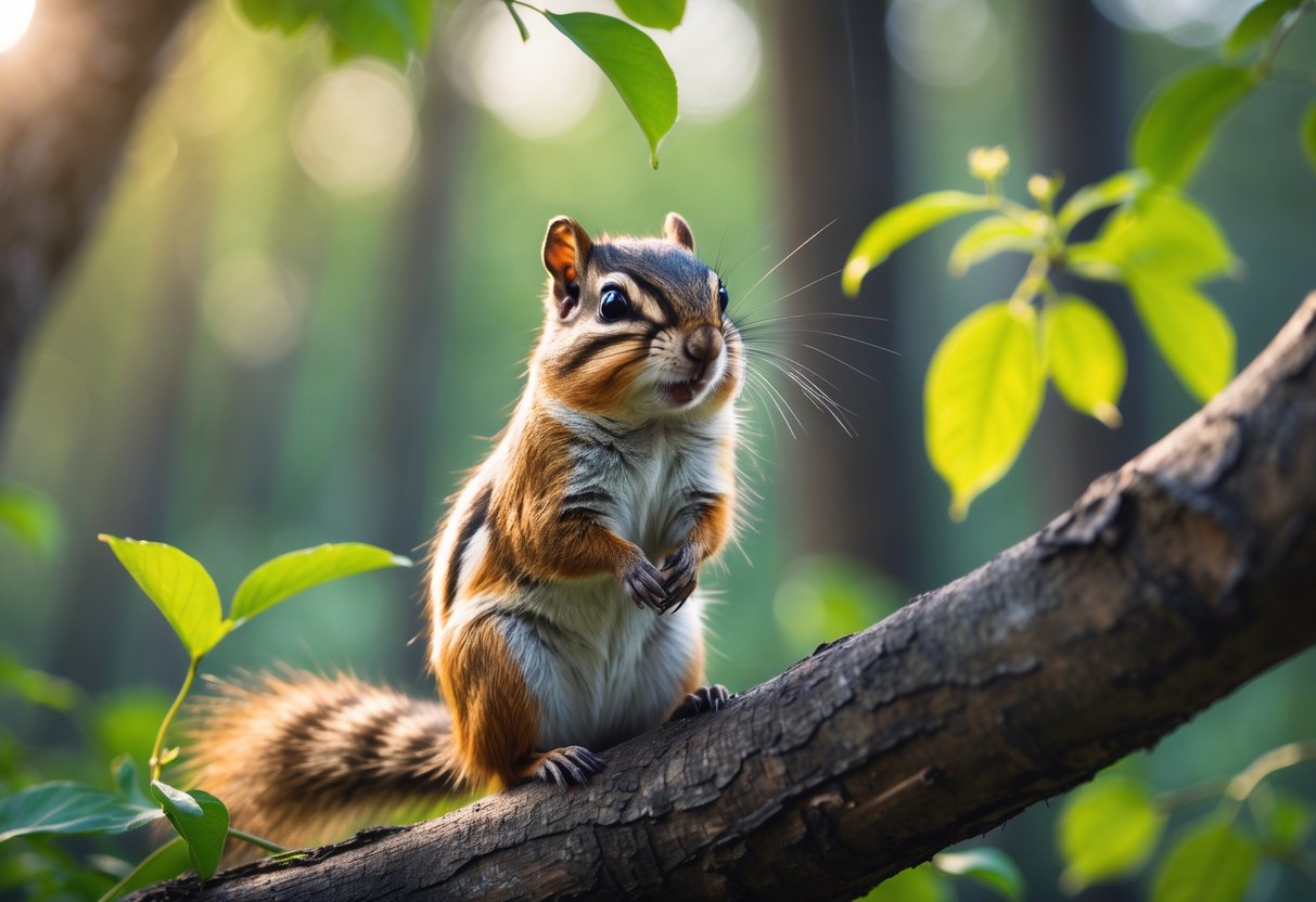 A chipmunk sitting on a tree branch in a forest with green leaves and sunlight filtering through the trees.