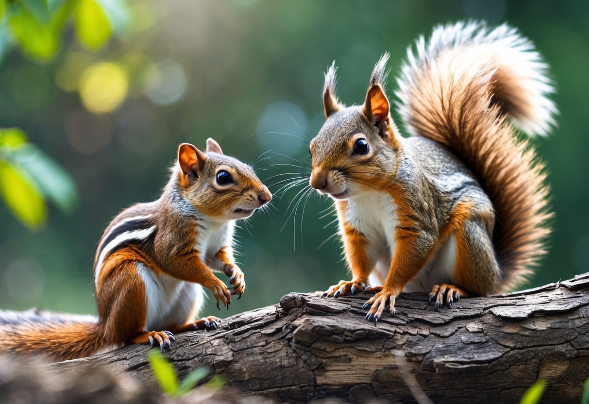 A squirrel on a tree branch and a chipmunk on the ground side by side in a natural outdoor setting.