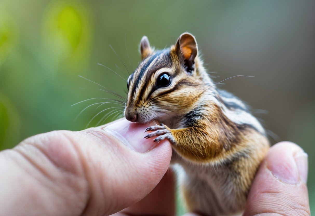 A chipmunk gently nibbling on a person's finger outdoors.