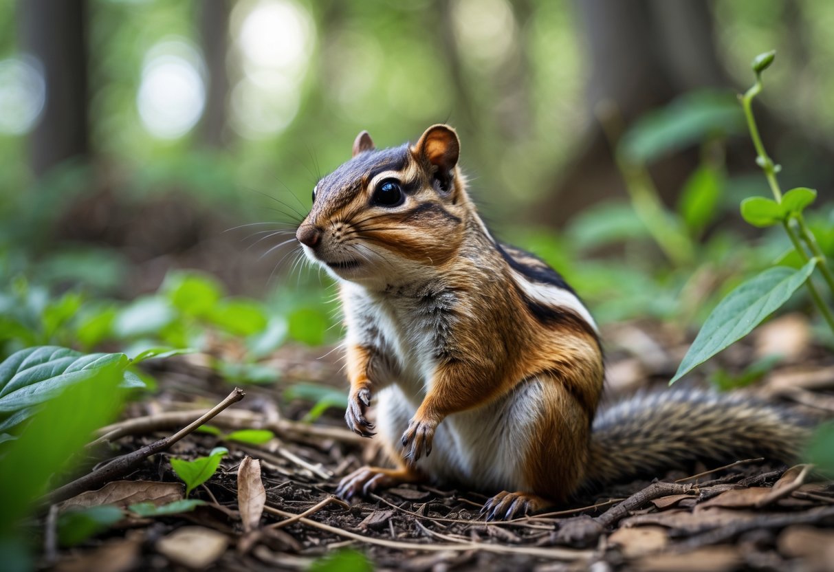 A chipmunk sitting on a forest floor surrounded by leaves and plants.