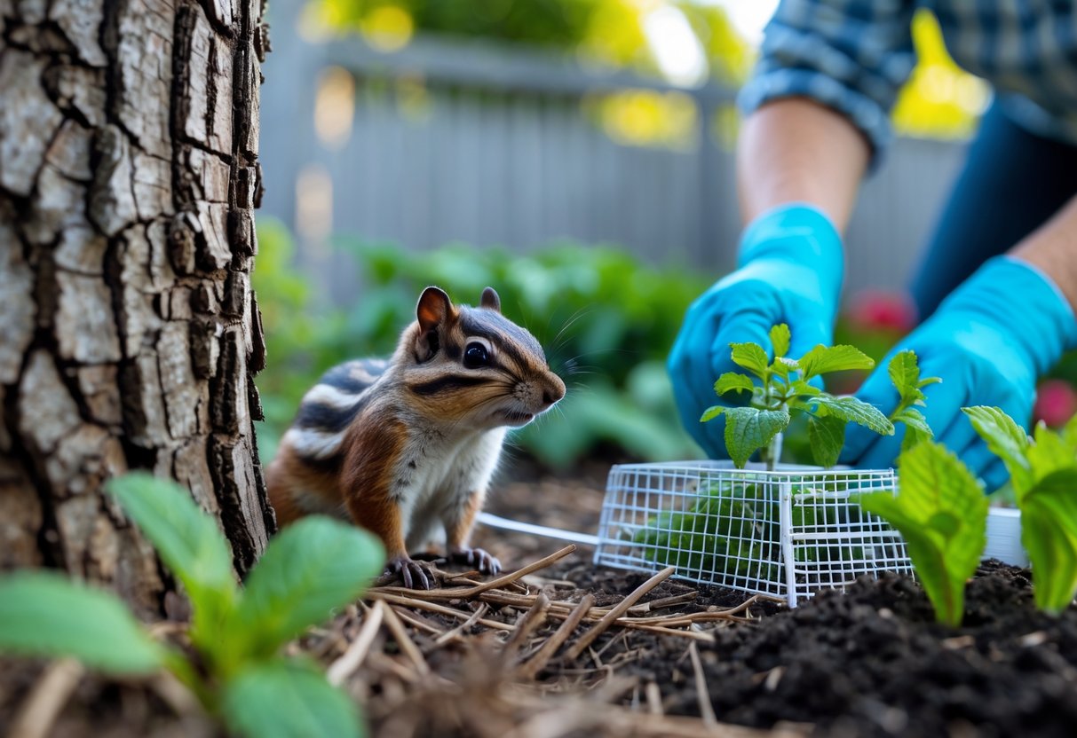 A chipmunk peeking from behind a tree in a garden where a person wearing gloves sets up humane chipmunk control measures.