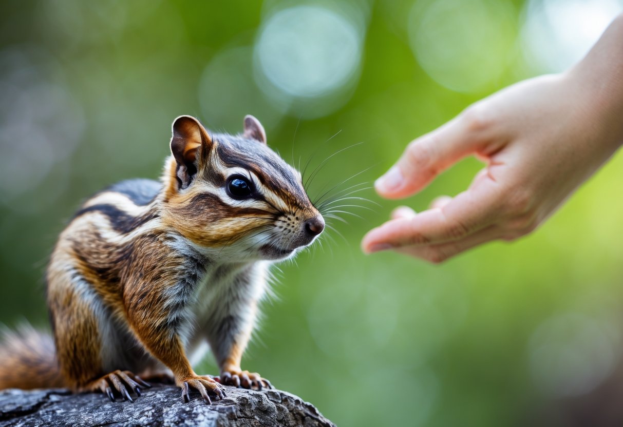 A chipmunk sitting on a tree branch with a human hand reaching toward it in a green outdoor setting.