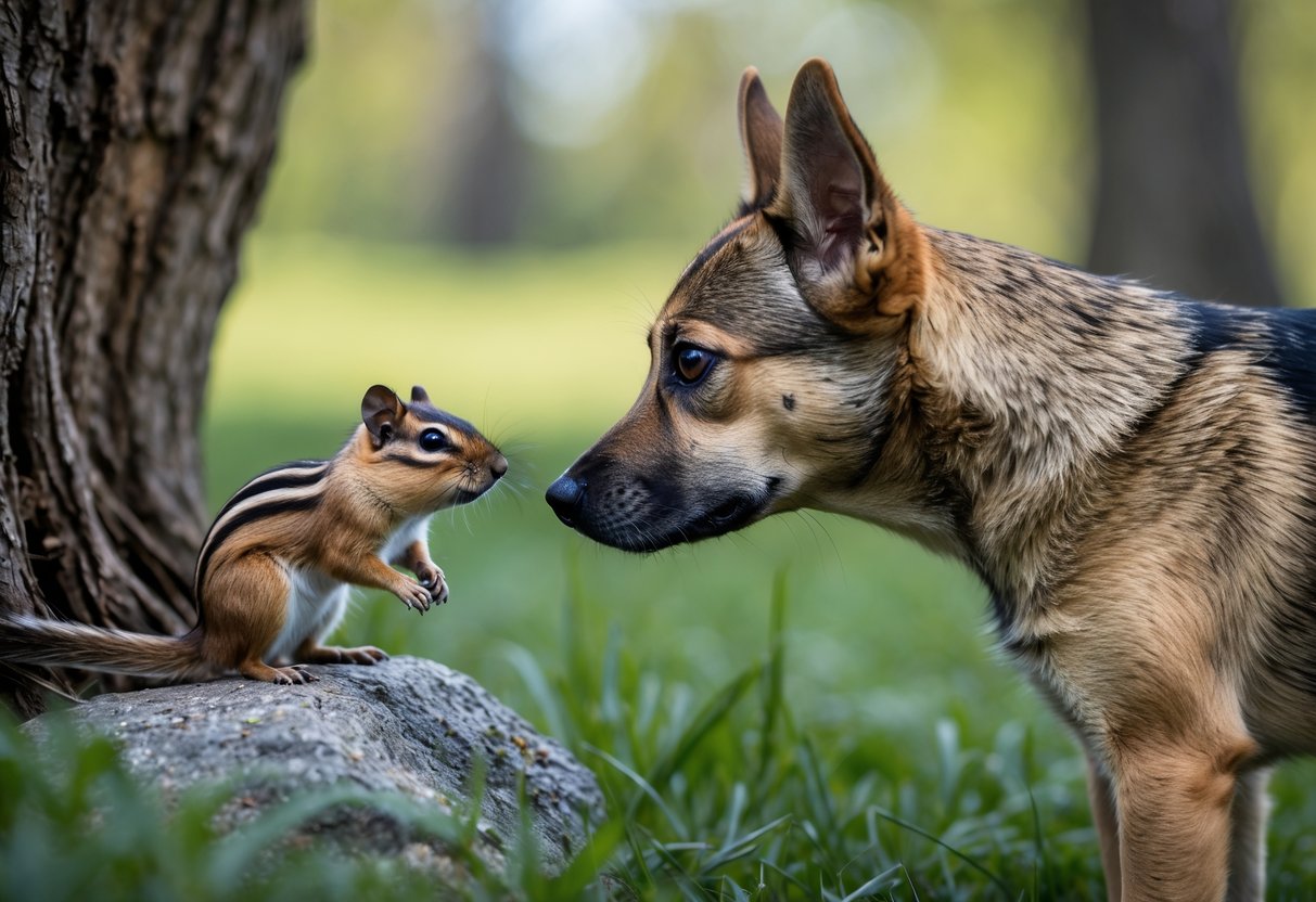 A dog intently watching a chipmunk in a grassy outdoor area with trees in the background.