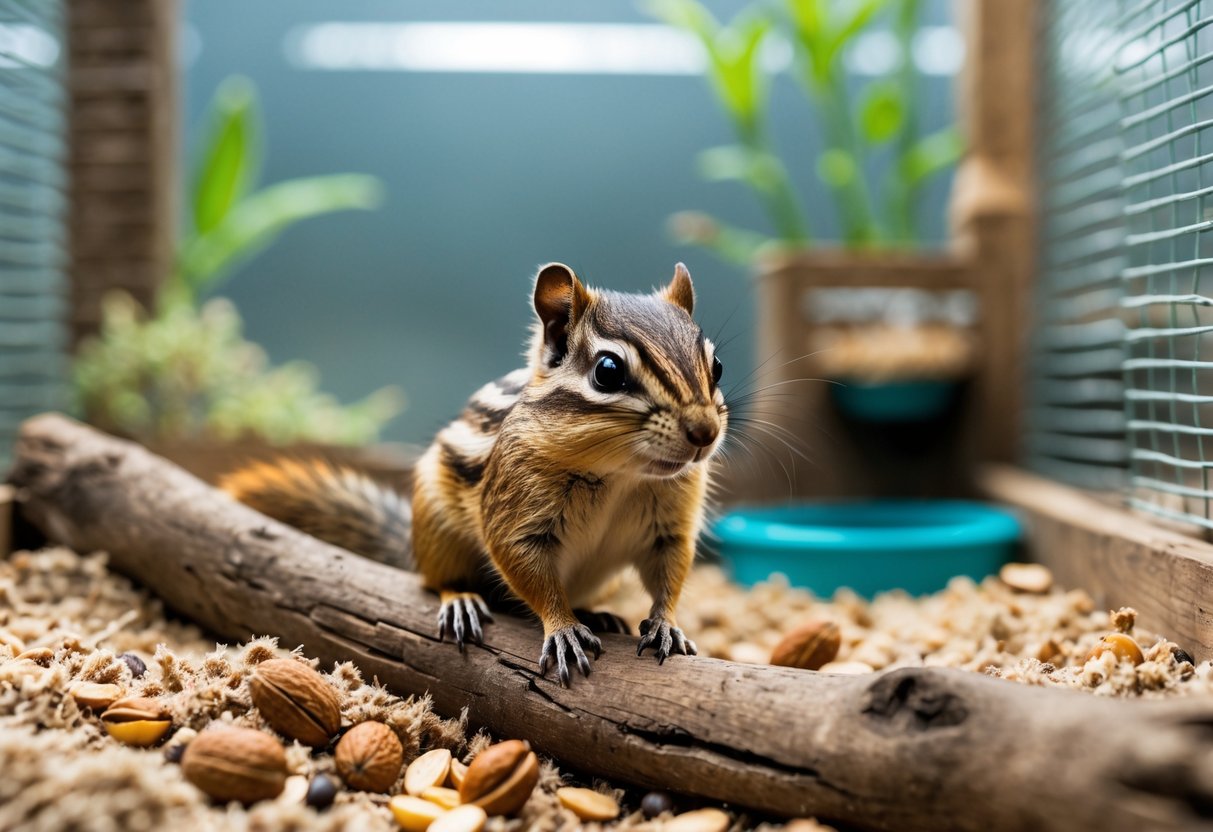 A chipmunk sitting on a wooden branch inside a clean indoor enclosure with bedding and scattered nuts.