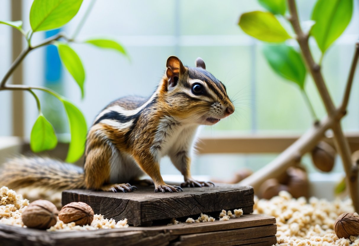 A chipmunk sitting on a wooden platform inside a clean, well-lit enclosure with natural elements around it.